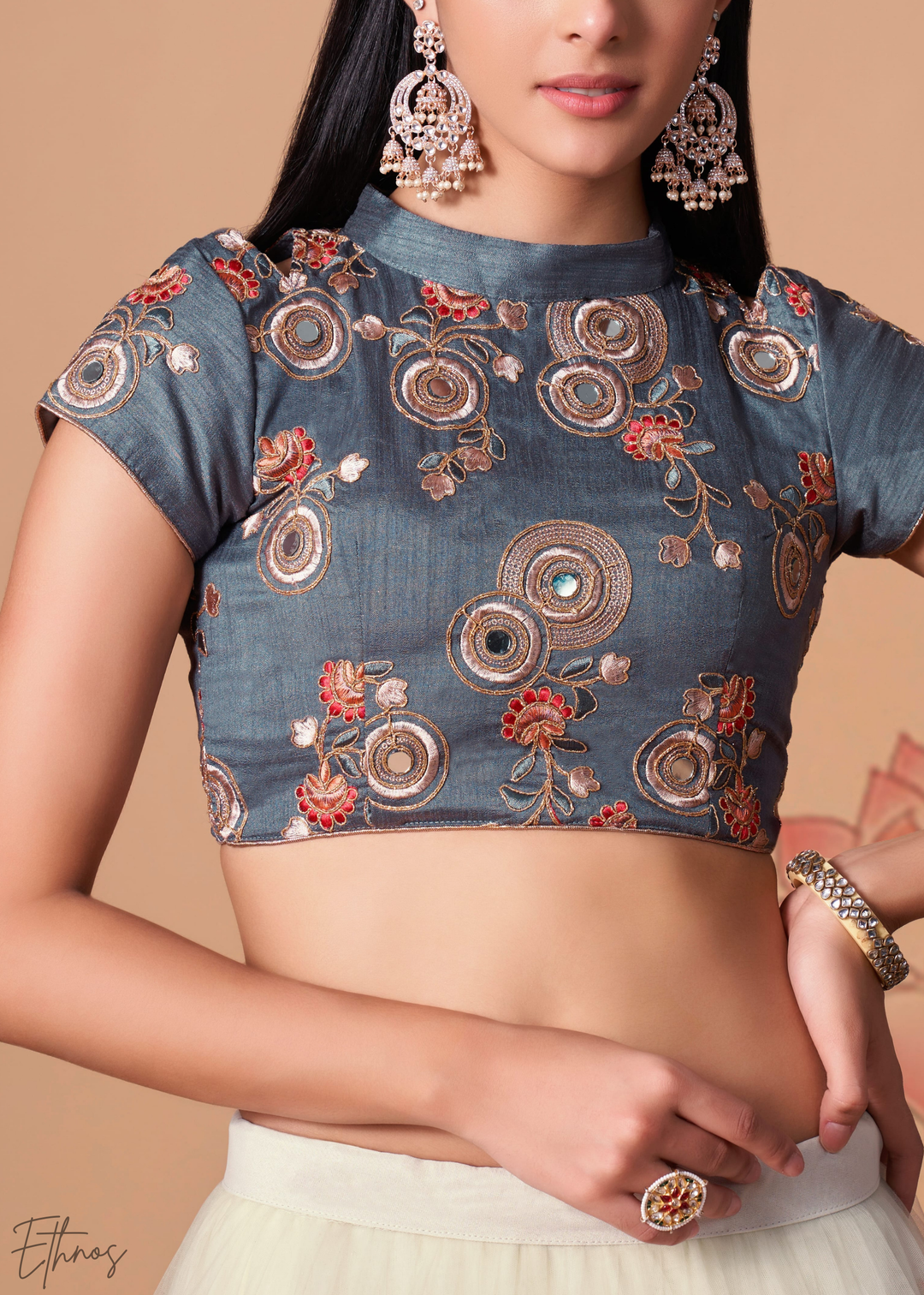 Off White Opulent Floral Mirror Net Lehenga