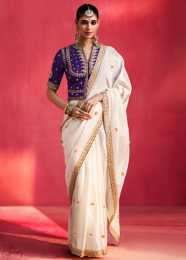 Off White Paisley Trim Border Soft Silk Saree