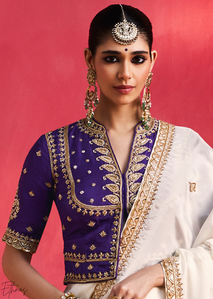 Off White Paisley Trim Border Soft Silk Saree