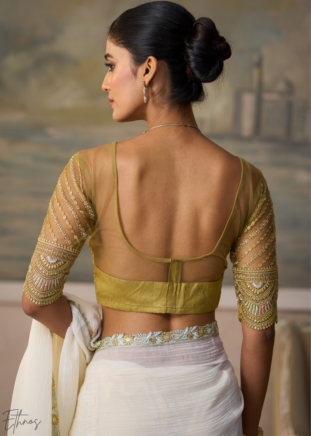 Off White Ruffle Border Chiffon Saree
