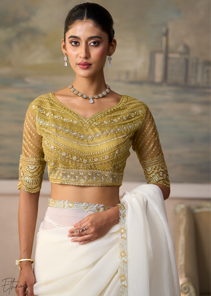 Off White Ruffle Border Chiffon Saree