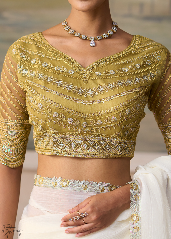 Off White Ruffle Border Chiffon Saree