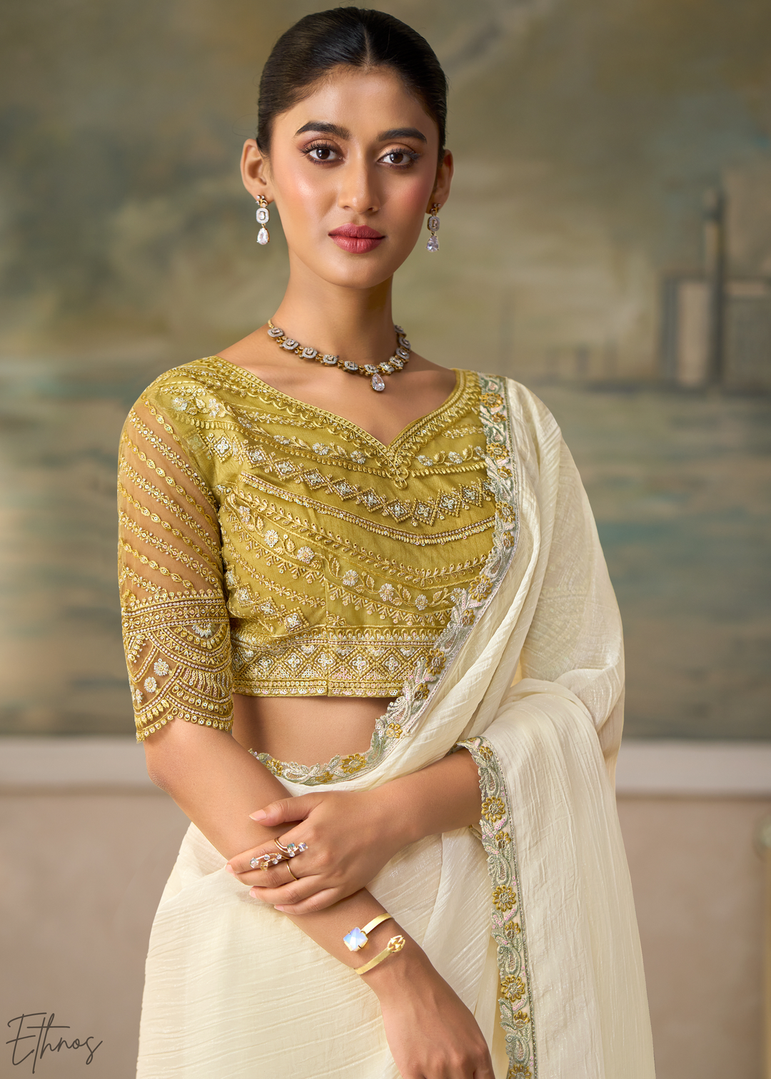 Off White Ruffle Border Chiffon Saree