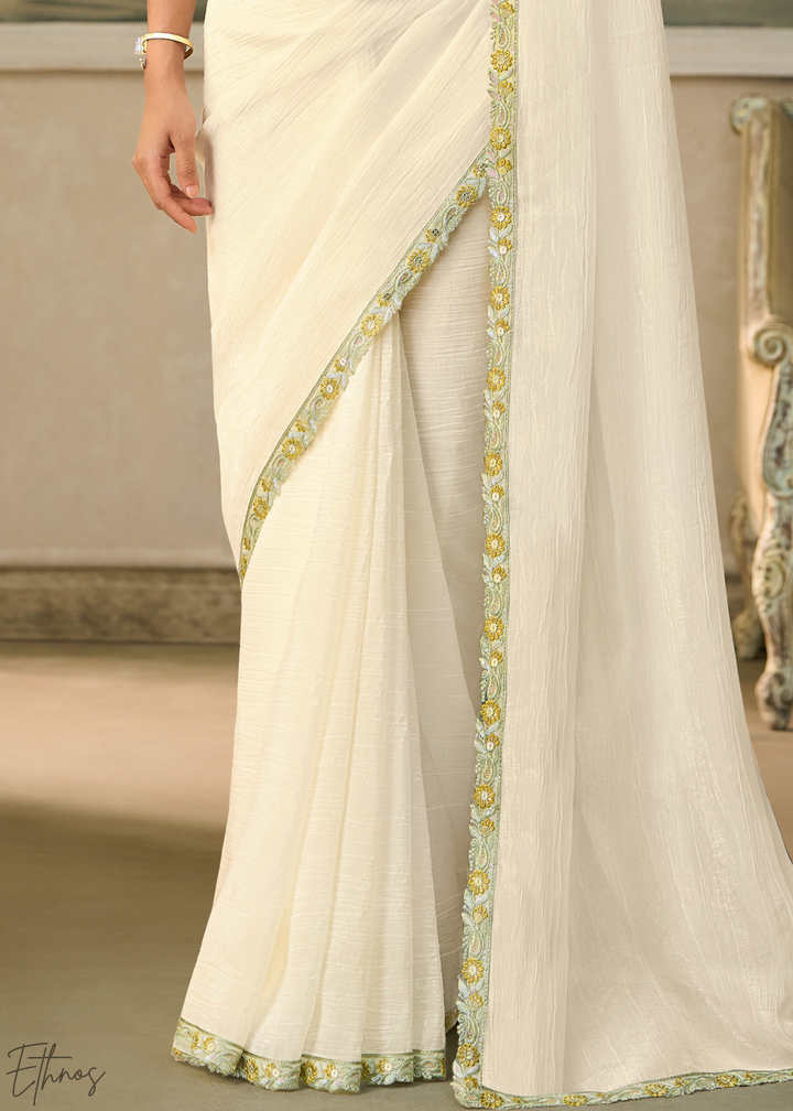 Off White Ruffle Border Chiffon Saree