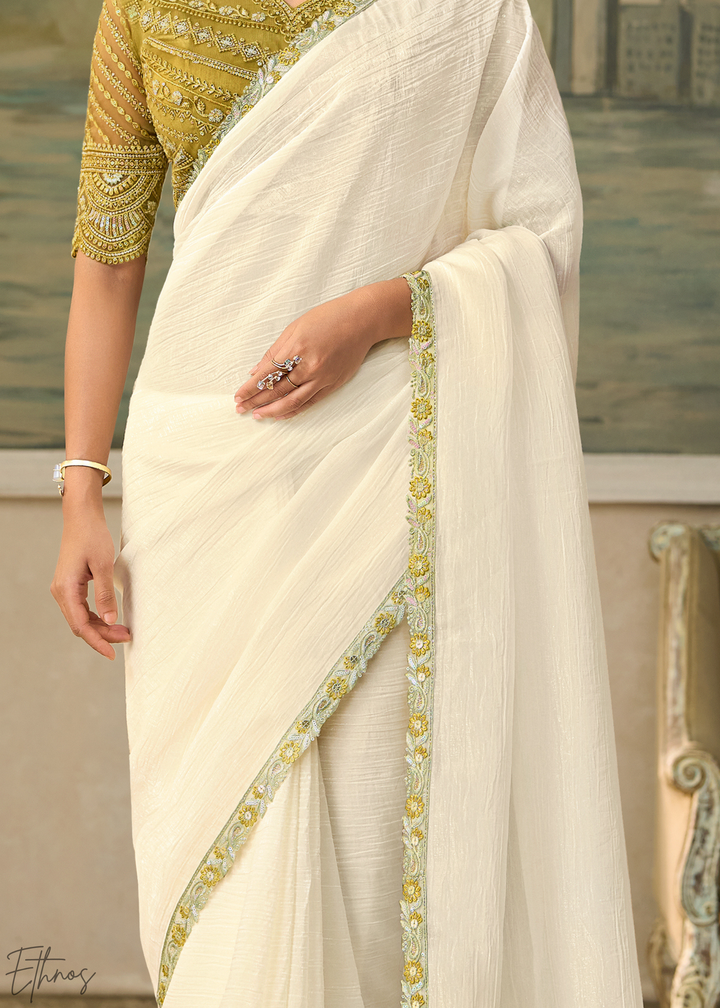 Off White Ruffle Border Chiffon Saree