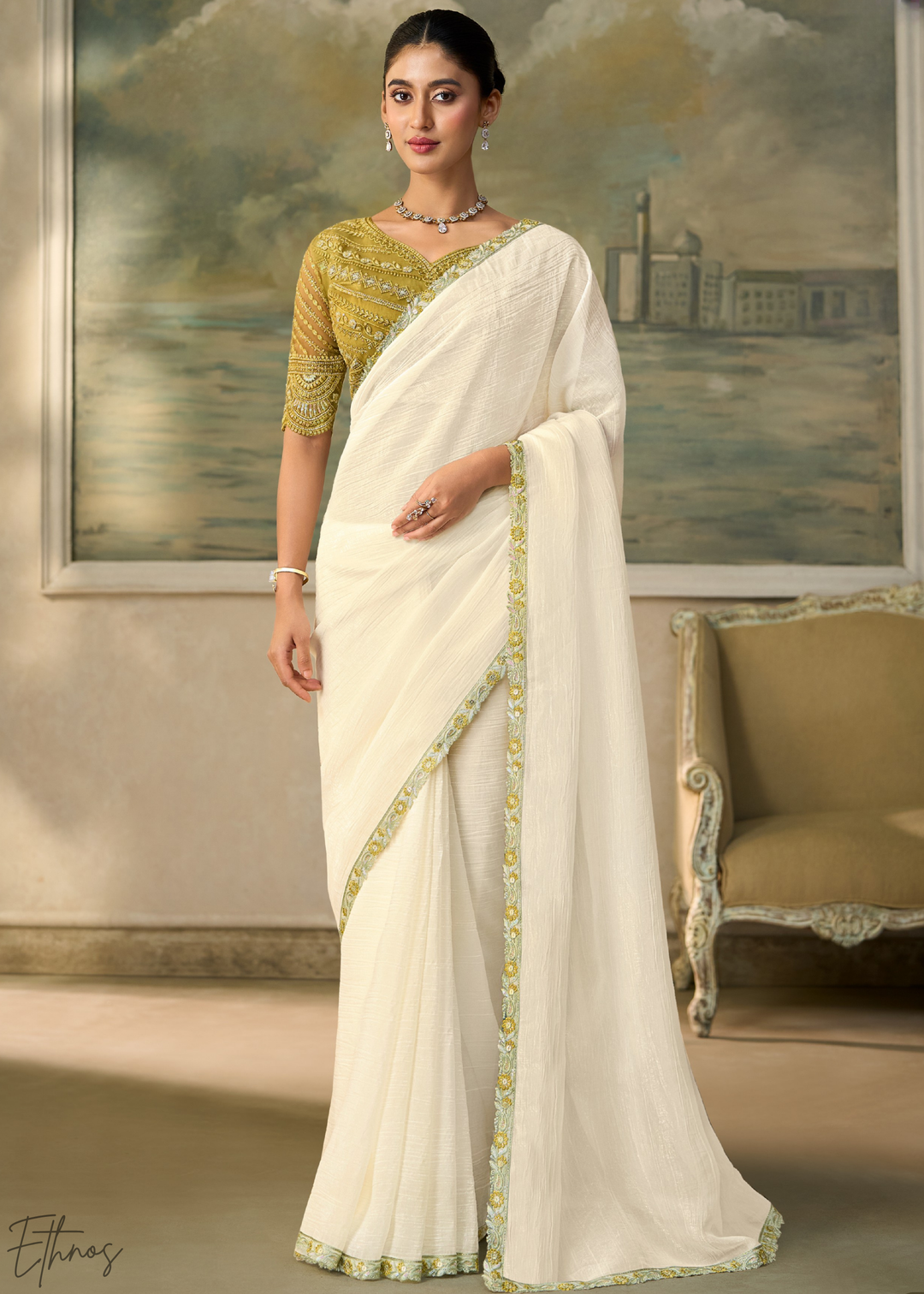 Off White Ruffle Border Chiffon Saree