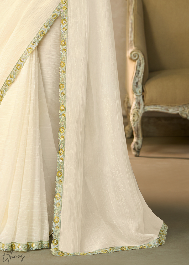 Off White Ruffle Border Chiffon Saree