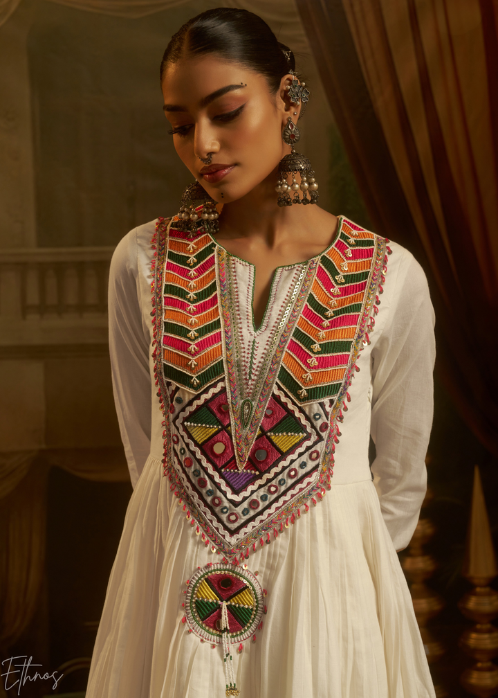 Off White Colorful Geometric Embroidered Mul Cotton Anarkali Suit
