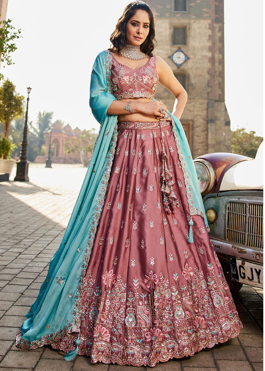 Old Rose Botanical-Embroidered Silk Lehenga