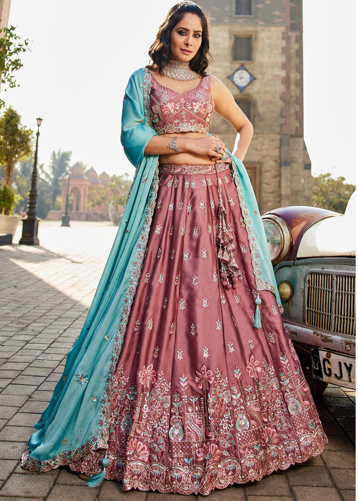 Old Rose Botanical-Embroidered Silk Lehenga