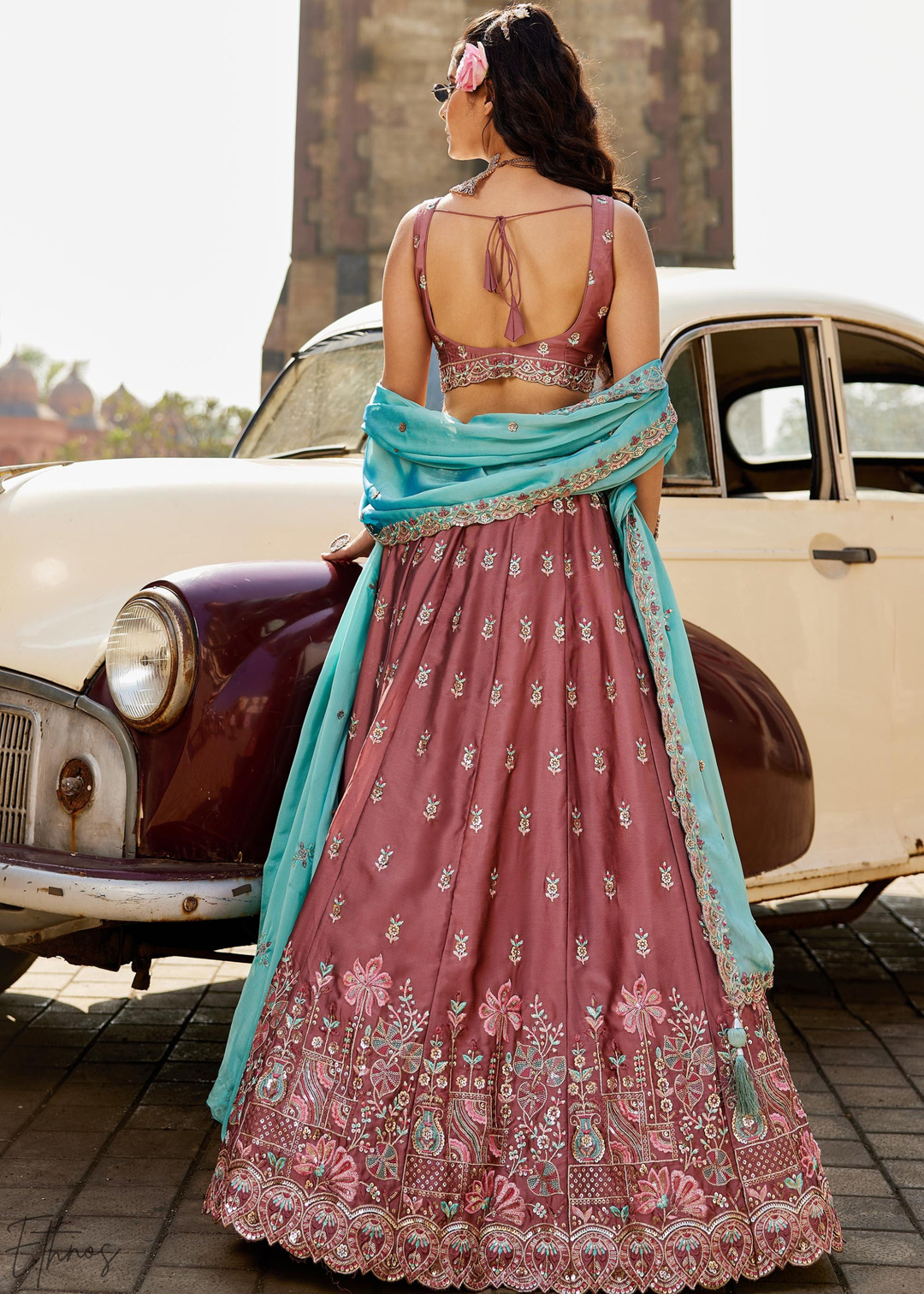 Old Rose Botanical-Embroidered Silk Lehenga
