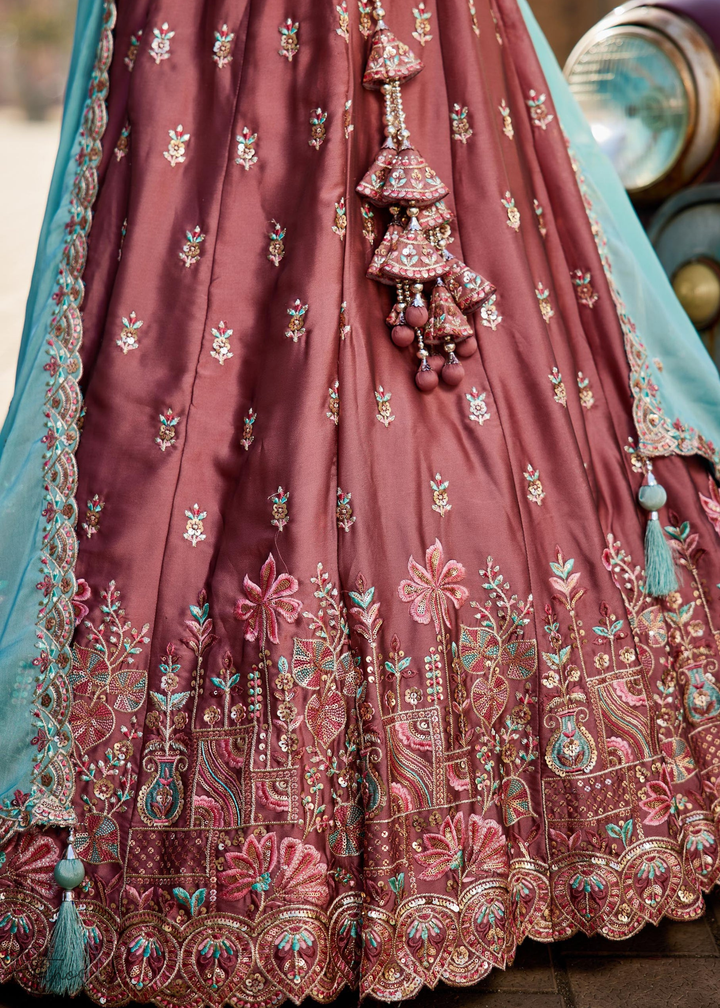 Old Rose Botanical-Embroidered Silk Lehenga
