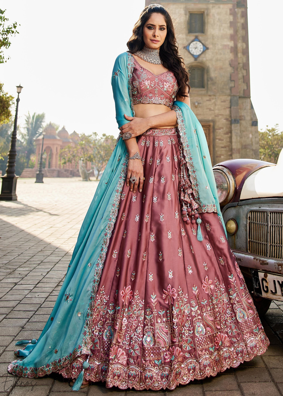 Old Rose Botanical-Embroidered Silk Lehenga