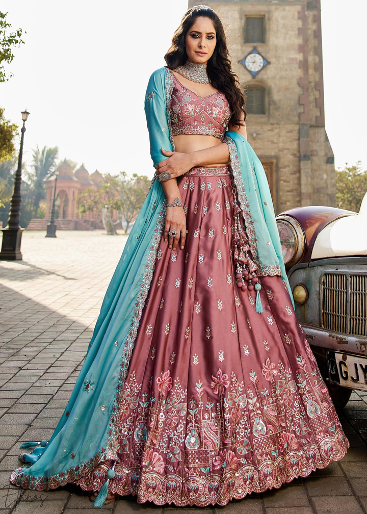 Old Rose Botanical-Embroidered Silk Lehenga