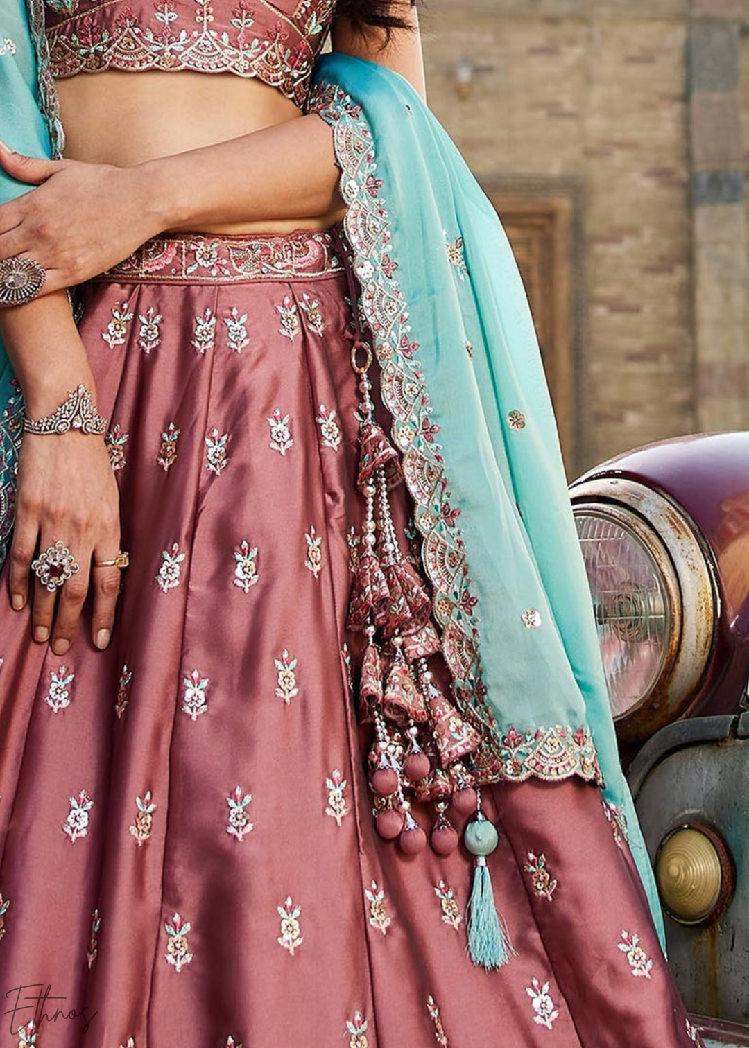 Old Rose Botanical-Embroidered Silk Lehenga