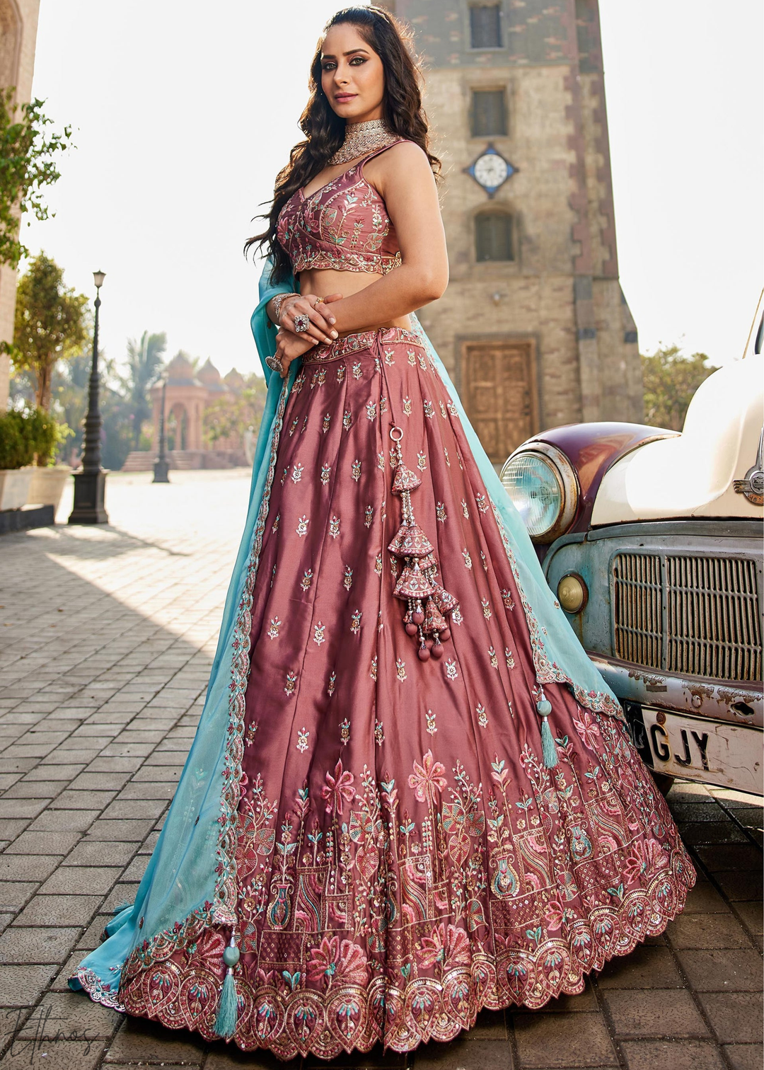 Old Rose Botanical-Embroidered Silk Lehenga