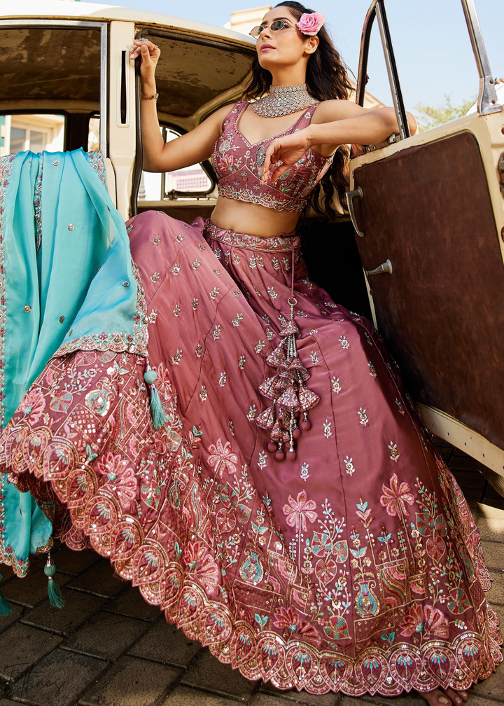 Old Rose Botanical-Embroidered Silk Lehenga