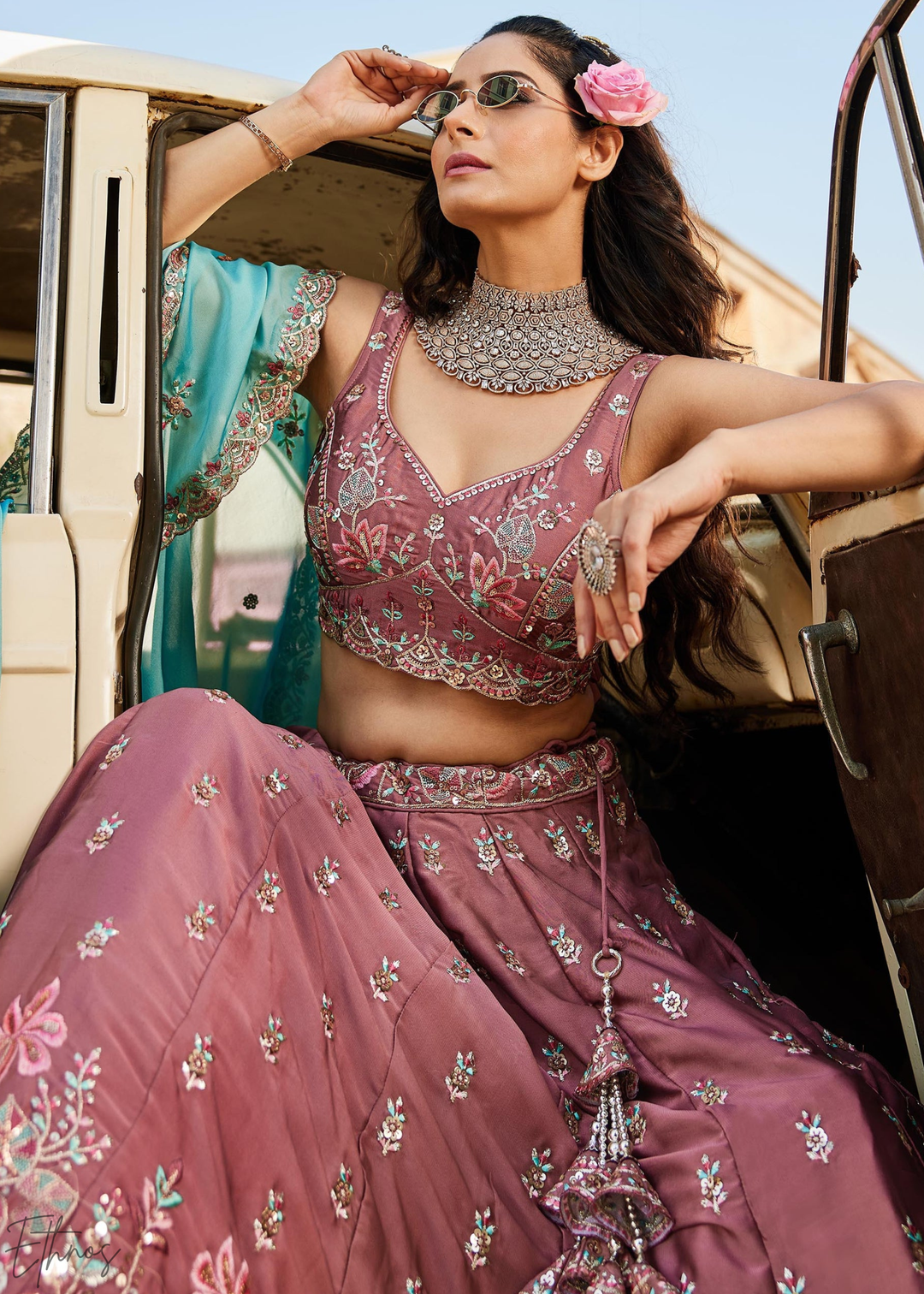 Old Rose Botanical-Embroidered Silk Lehenga