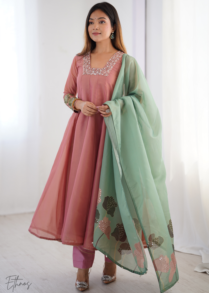 Old Rose Embroidered-Yoke Organza Anarkali Suit