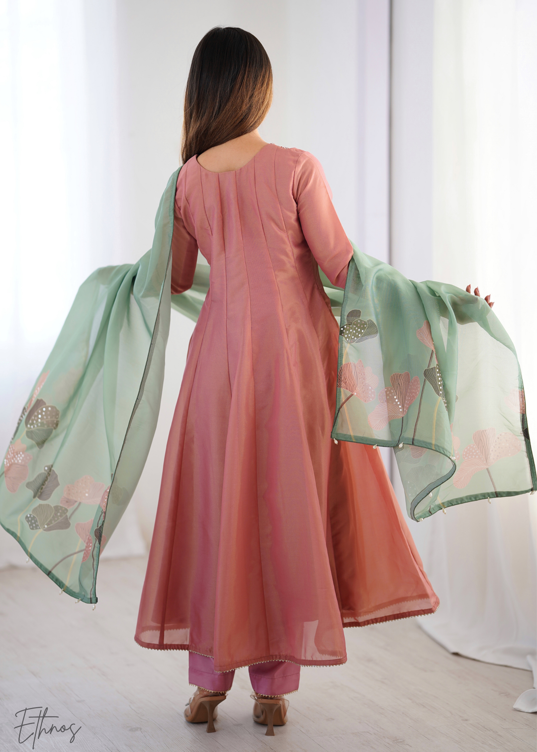 Old Rose Embroidered-Yoke Organza Anarkali Suit