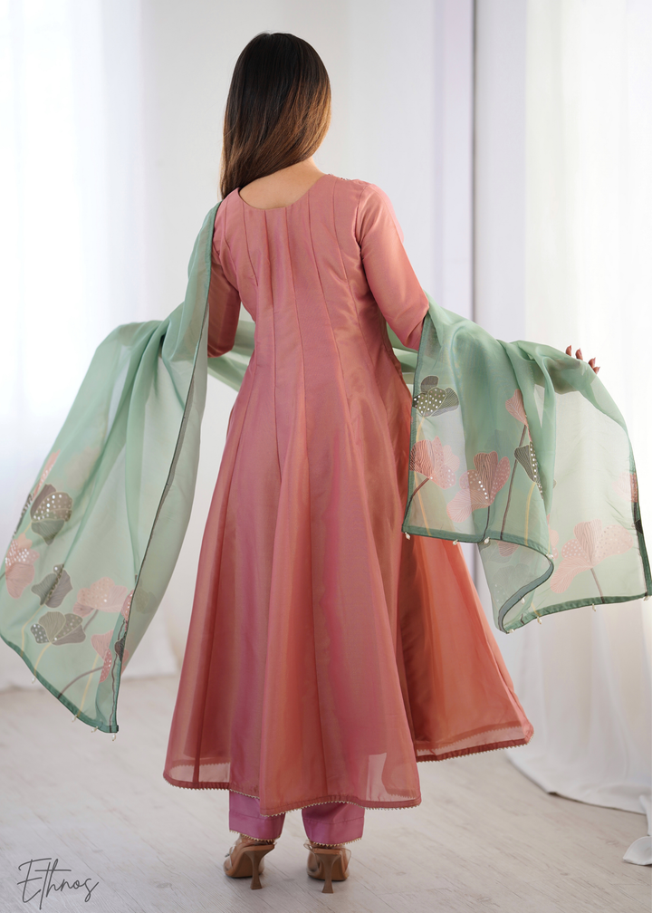Old Rose Embroidered-Yoke Organza Anarkali Suit