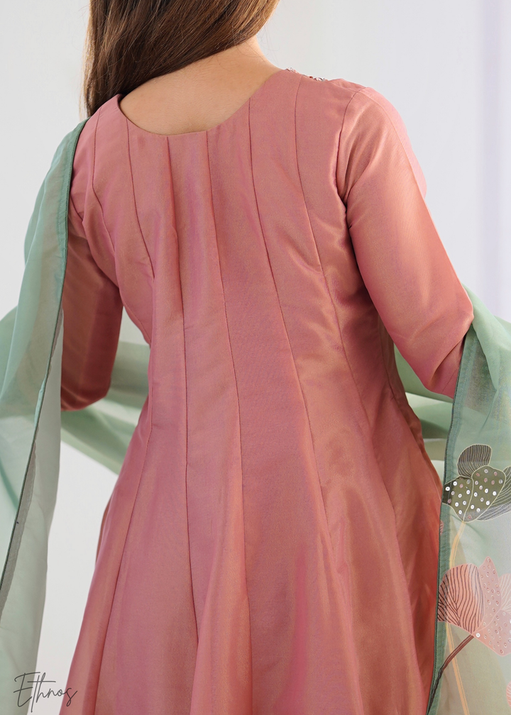 Old Rose Embroidered-Yoke Organza Anarkali Suit