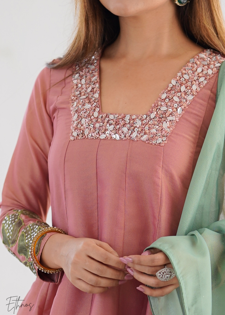Old Rose Embroidered-Yoke Organza Anarkali Suit