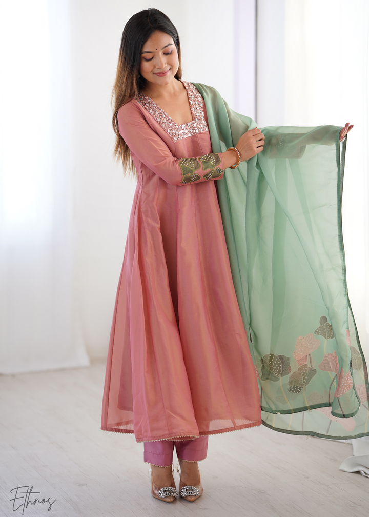 Old Rose Embroidered-Yoke Organza Anarkali Suit