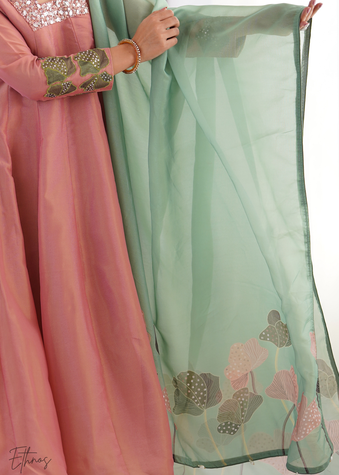 Old Rose Embroidered-Yoke Organza Anarkali Suit