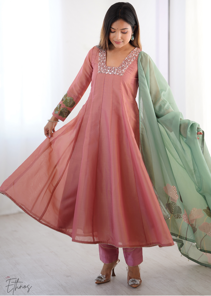 Old Rose Embroidered-Yoke Organza Anarkali Suit