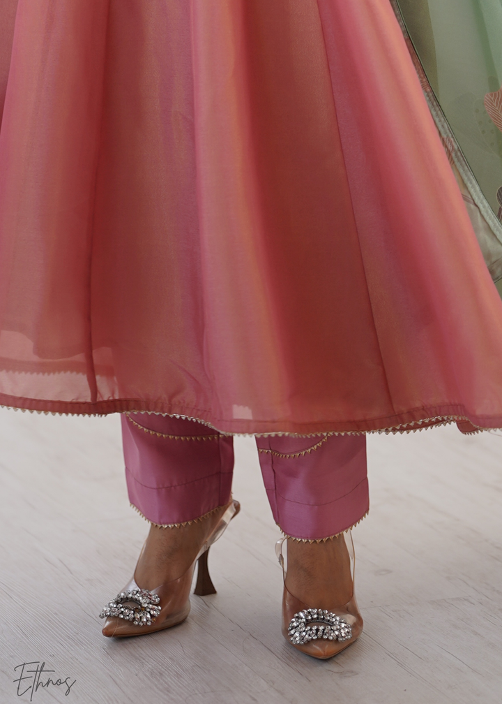 Old Rose Embroidered-Yoke Organza Anarkali Suit