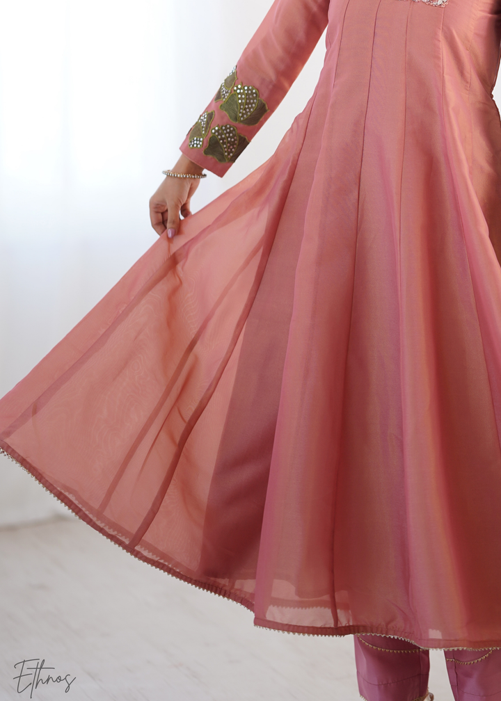 Old Rose Embroidered-Yoke Organza Anarkali Suit