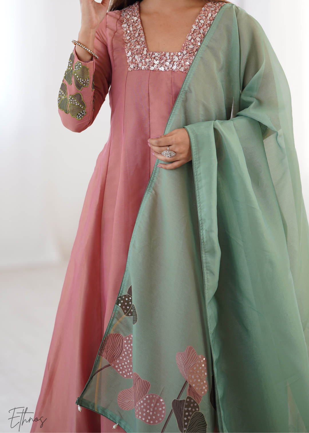 Old Rose Embroidered-Yoke Organza Anarkali Suit