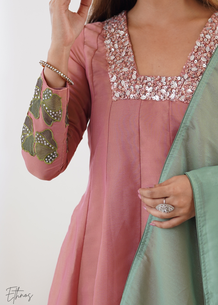 Old Rose Embroidered-Yoke Organza Anarkali Suit