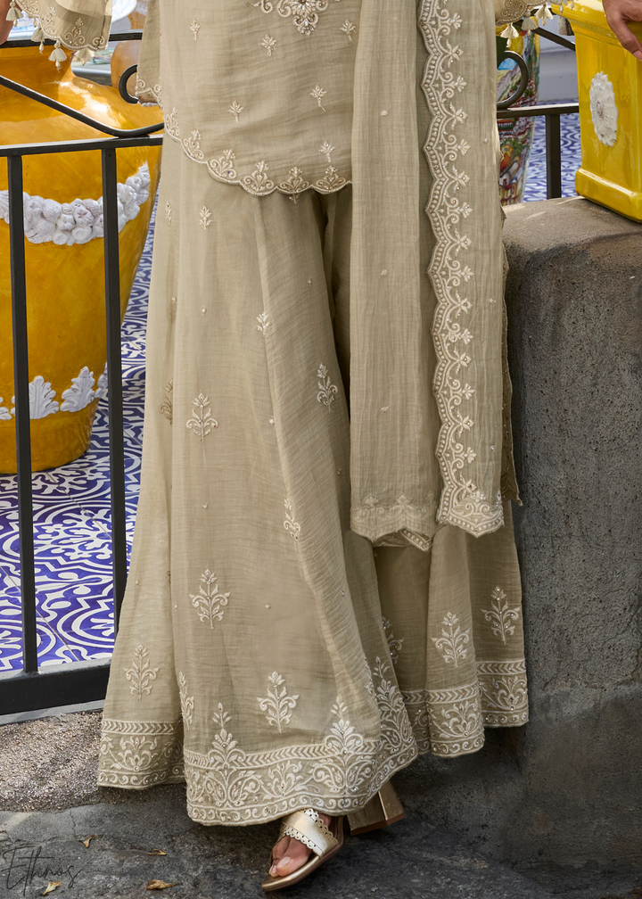 Beige Chikankari Embroidered Mul Silk Palazzo Suit