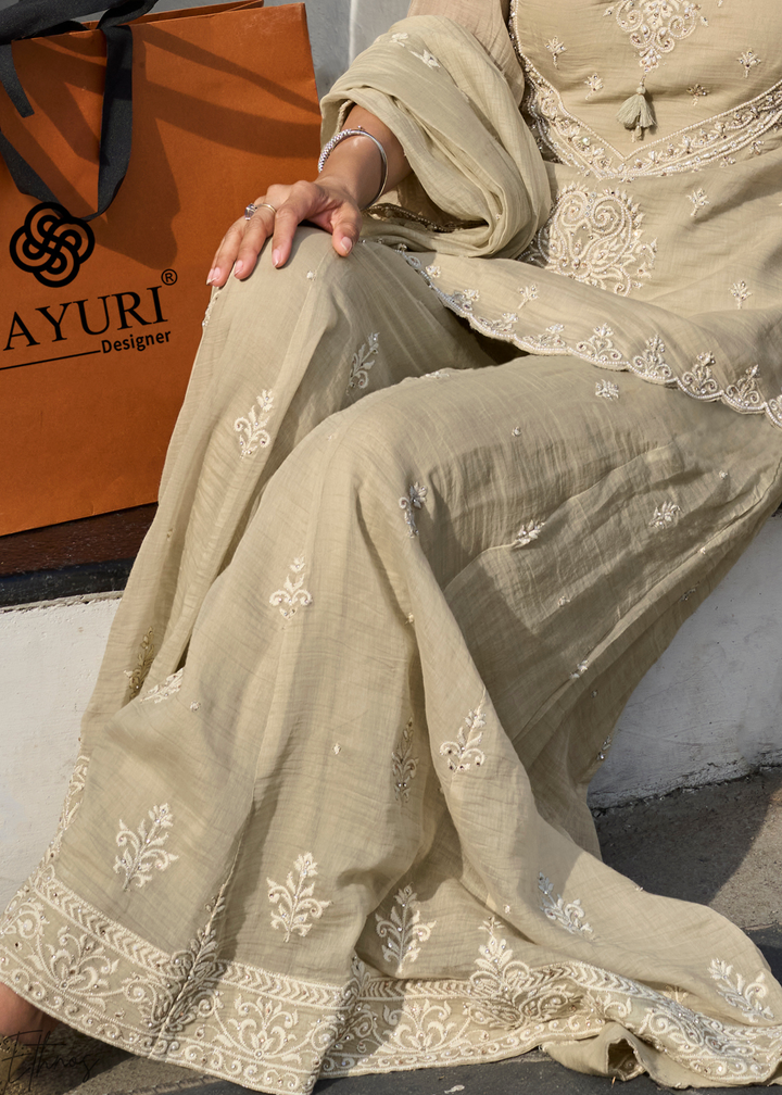 Beige Chikankari Embroidered Mul Silk Palazzo Suit