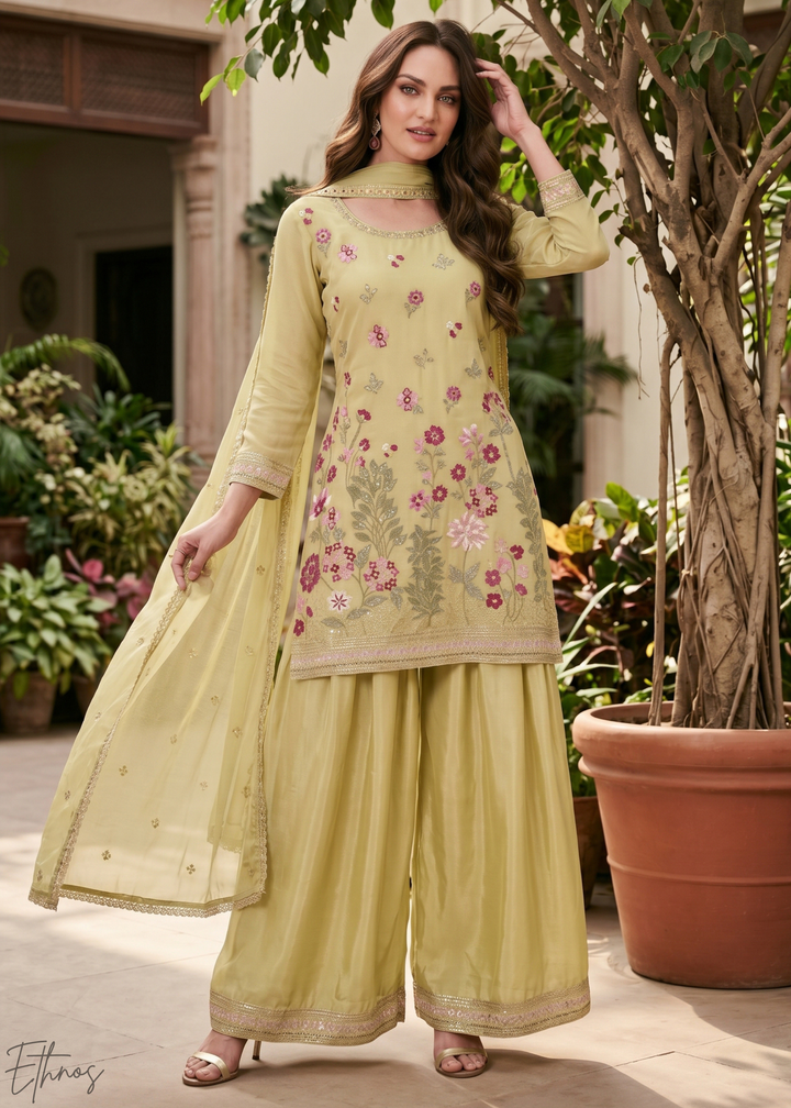 Olive Blossom-Bouquet Embroidered Chinon Palazzo Suit