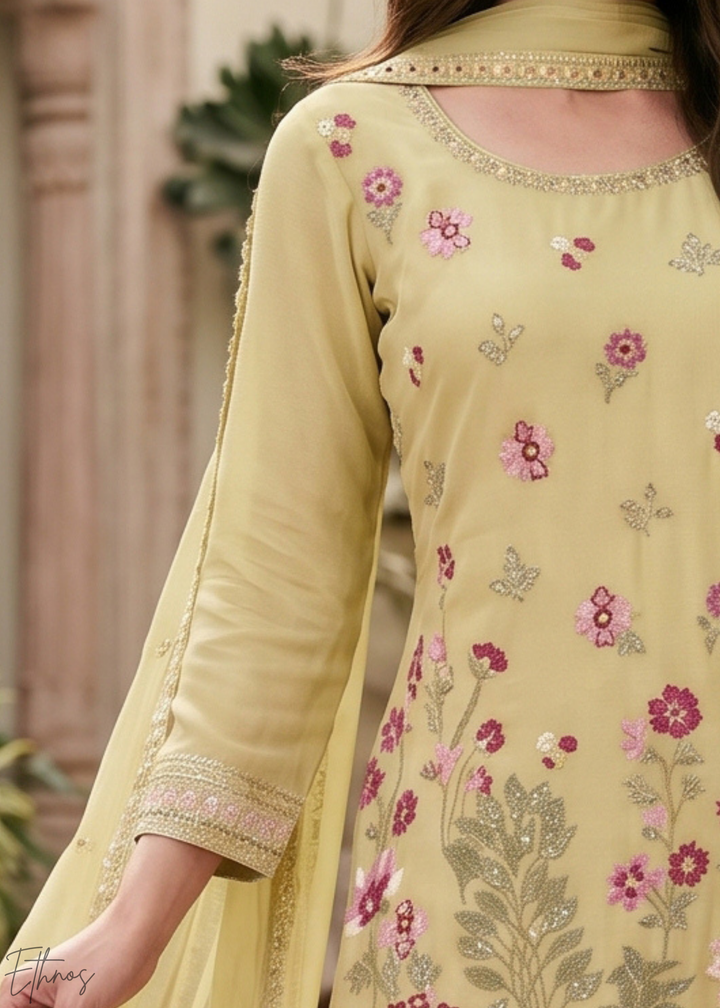 Olive Blossom-Bouquet Embroidered Chinon Palazzo Suit