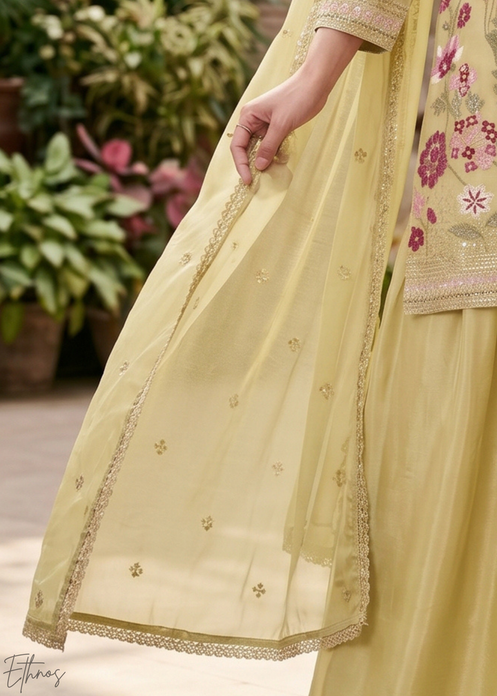 Olive Blossom-Bouquet Embroidered Chinon Palazzo Suit