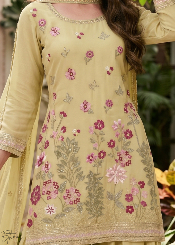 Olive Blossom-Bouquet Embroidered Chinon Palazzo Suit