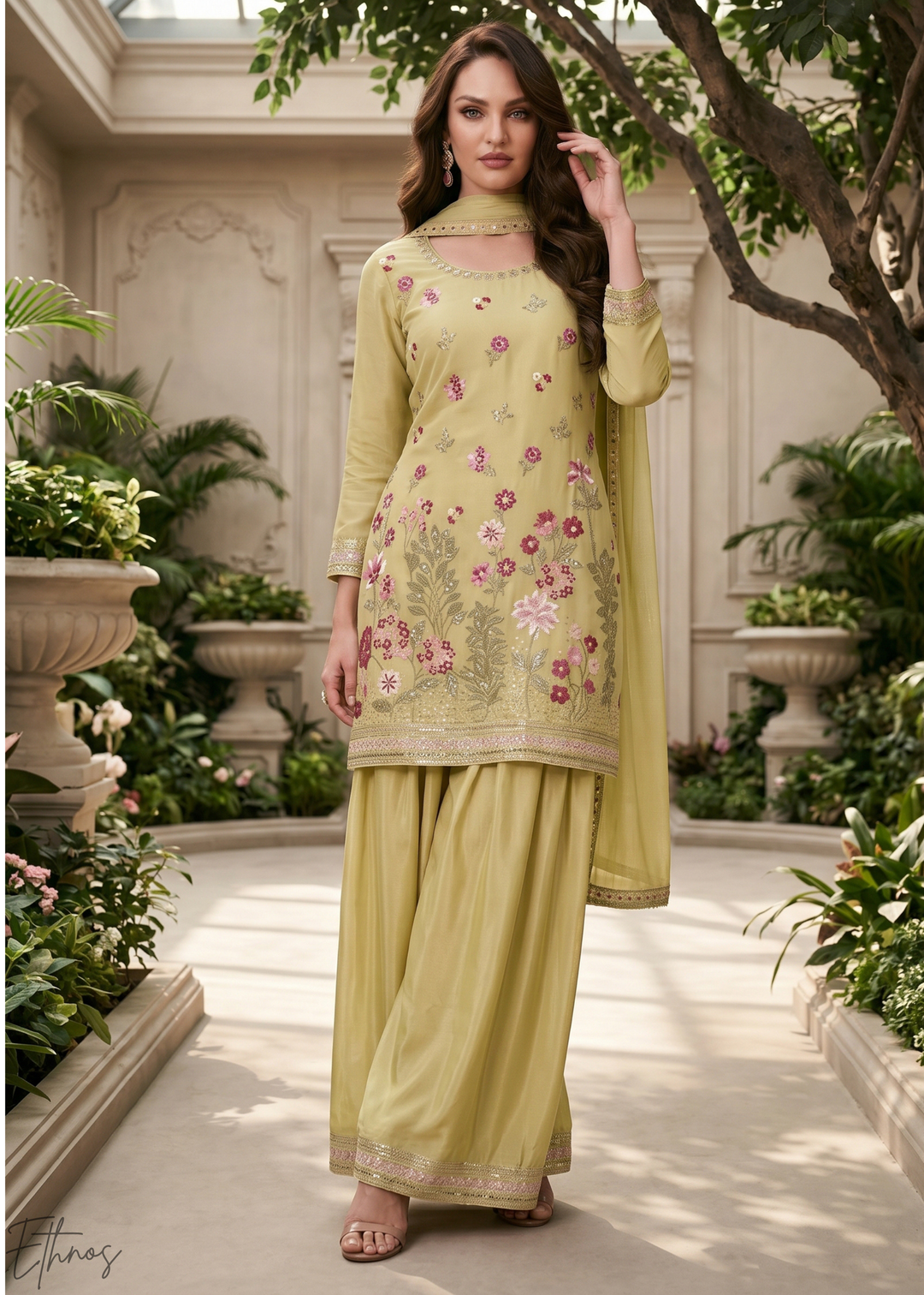 Olive Blossom-Bouquet Embroidered Chinon Palazzo Suit