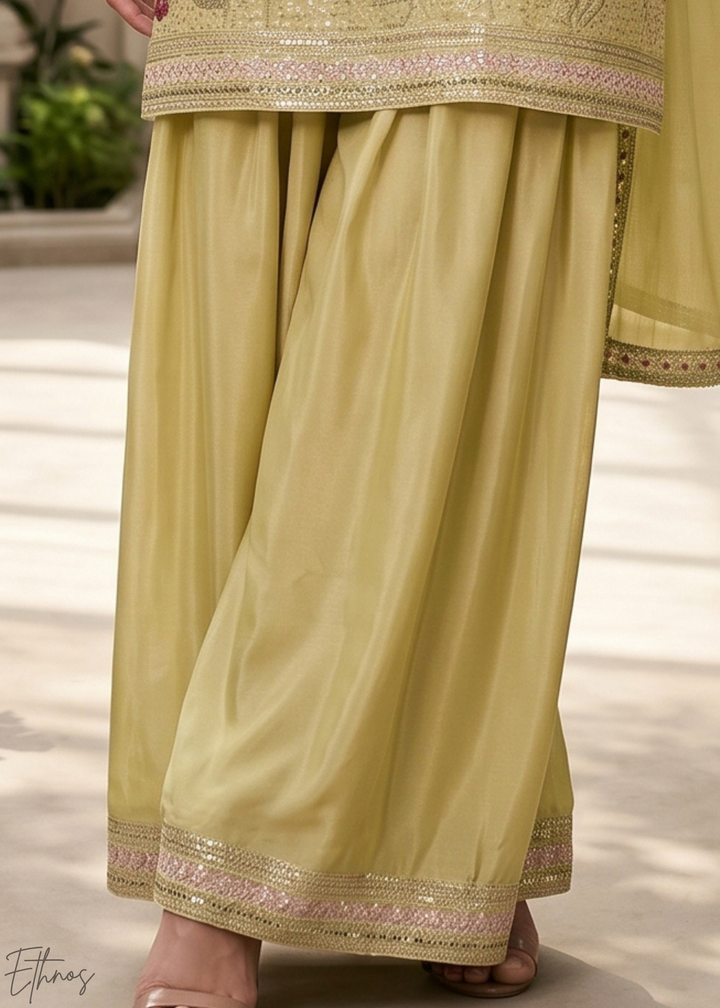 Olive Blossom-Bouquet Embroidered Chinon Palazzo Suit