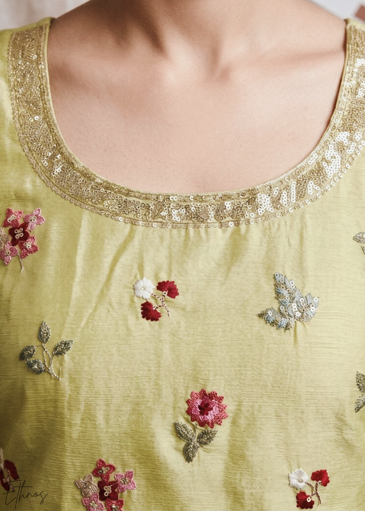 Olive Blossom-Bouquet Embroidered Chinon Palazzo Suit