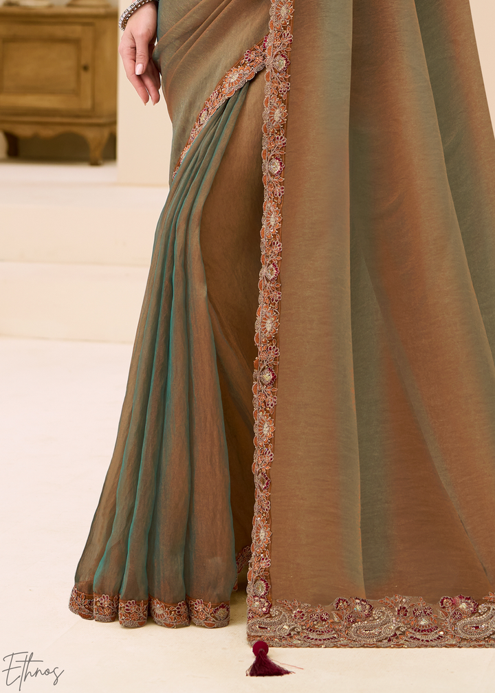 Olive Bronze Earthy Two-Tone Georgette Saree