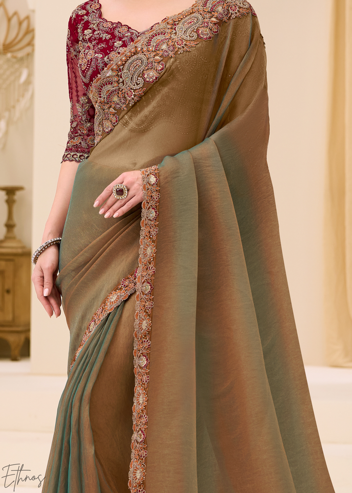 Olive Bronze Earthy Two-Tone Georgette Saree