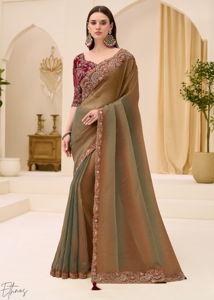 Olive Bronze Earthy Two-Tone Georgette Saree