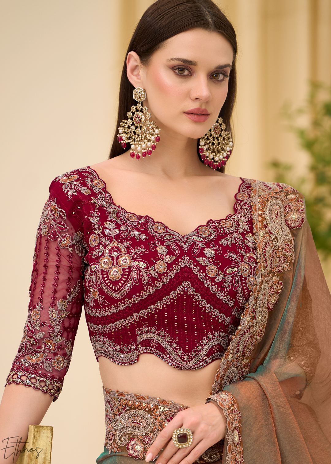 Olive Bronze Earthy Two-Tone Georgette Saree
