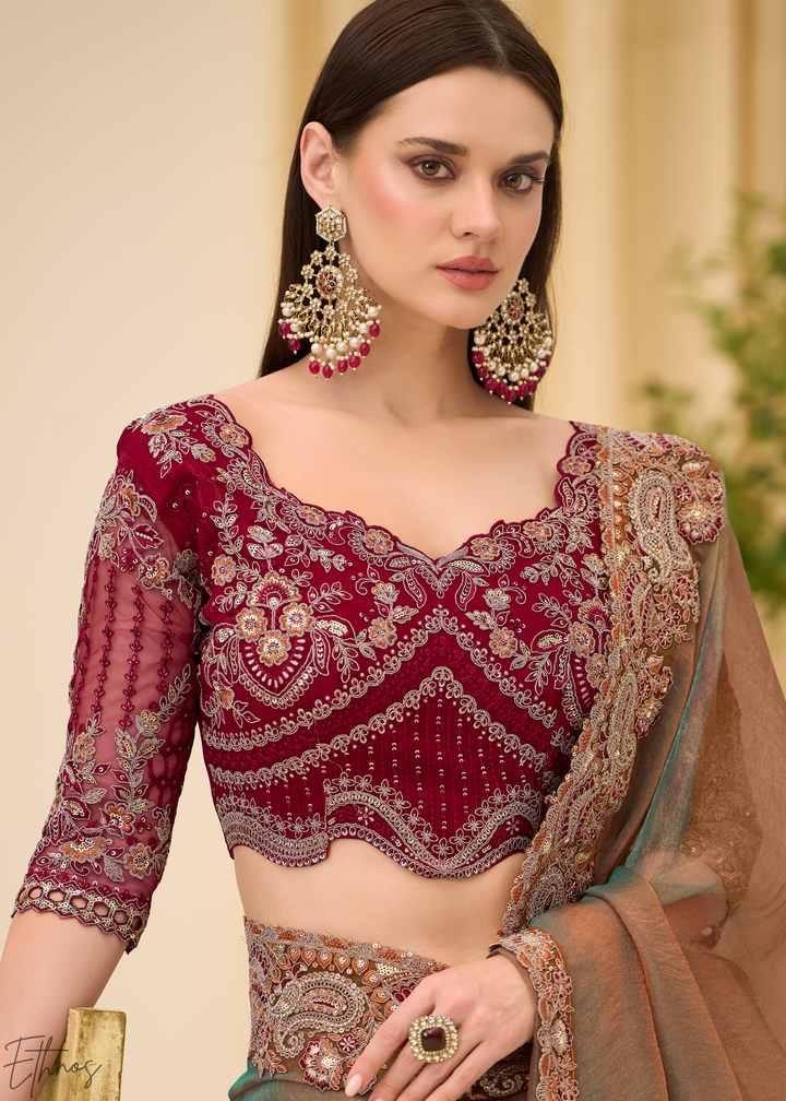 Olive Bronze Earthy Two-Tone Georgette Saree