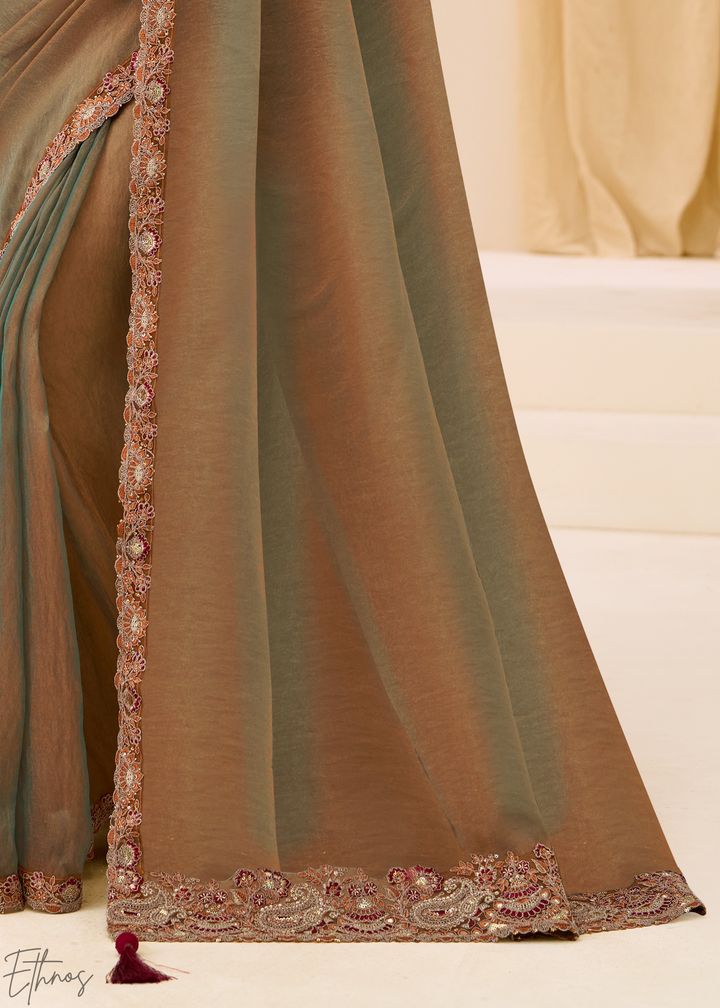 Olive Bronze Earthy Two-Tone Georgette Saree