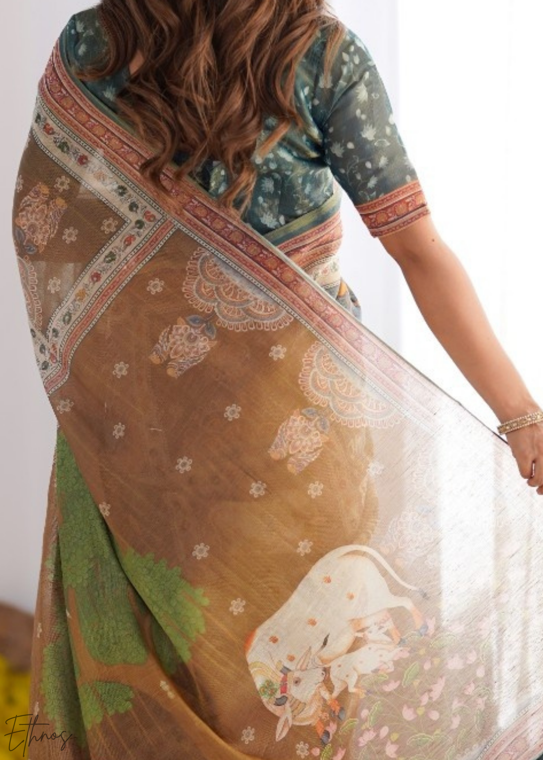 Olive Heritage Elephant Motif Cotton Linen Saree